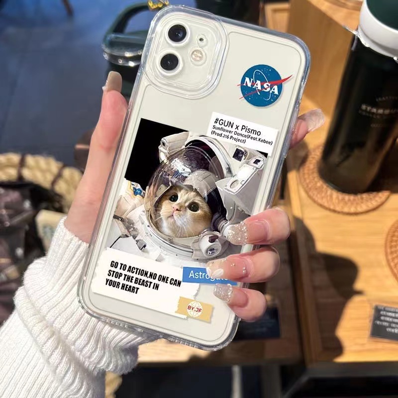 Casing Soft Phone Case Astronot Kucing Putih Kompatibel Untuk IPhone 14 13 12 11 Pro XS Max X XR 78 6 6S Plus Transparan Shockproof Casing TPU Cover