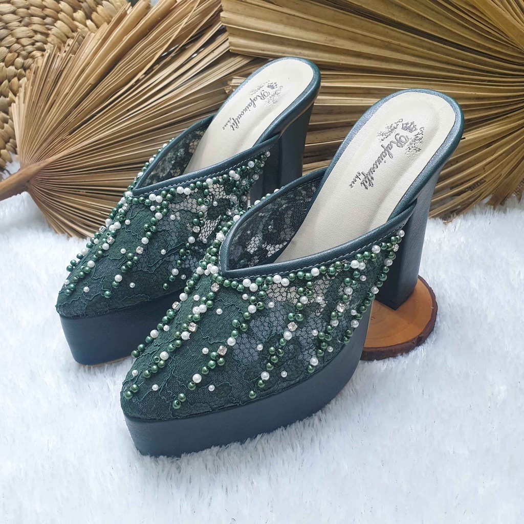 sepatu wedding pesta cantik yesika hijau botol hak tinggi 12 cm