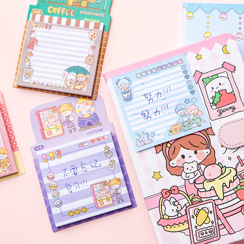 50lembar Gadis Kartun Lucu Sticky Notes Mahasiswa Portable Mini Note Pad