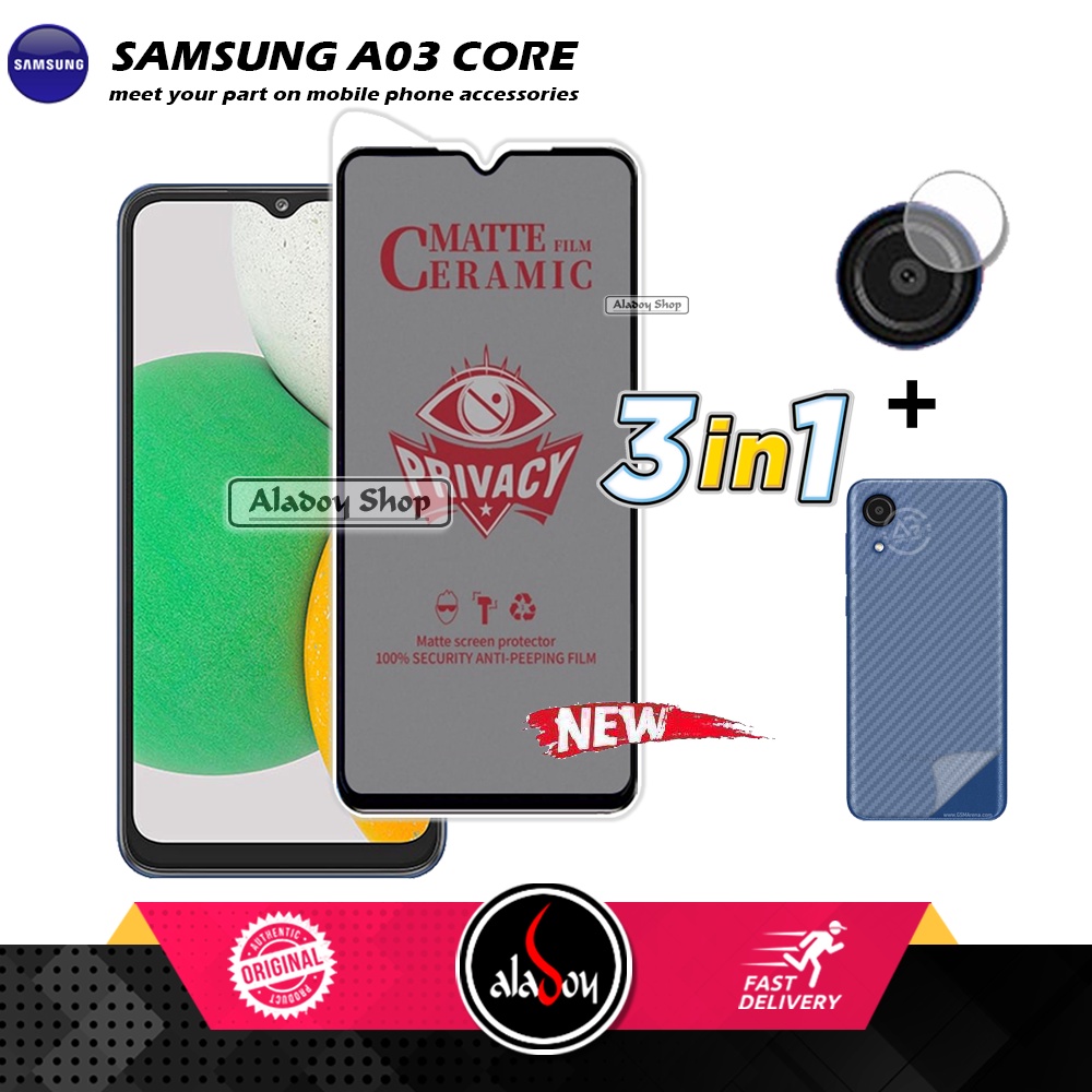 Tempered Glass Anti SPY Samsung A03 Core Anti Gores Privacy + Tempered Glass kamera dan Skin Carbon