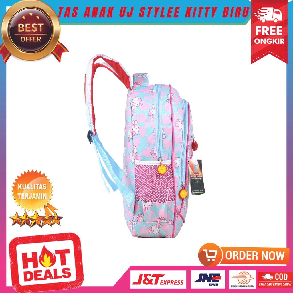 Tas Gendong Anak Ransel TK SD Karakter Kitty Biru Backpack Anak Perempuan Cewek Fashionable Keren Stylish Multifungsi Bonus Tempat Pensil