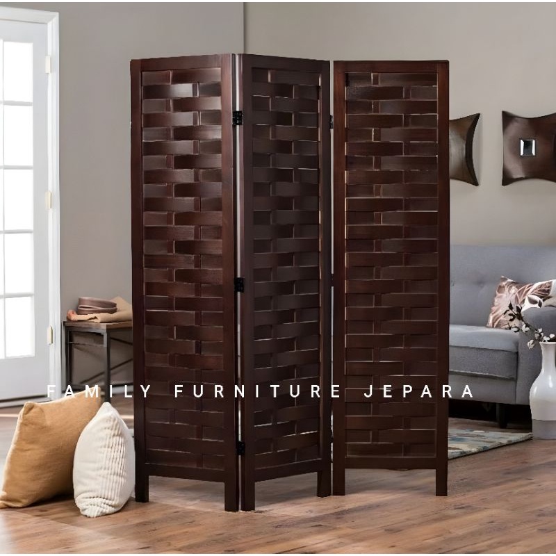 sketsel minimalis model anyaman kayu jati penyekat ruang minimalis modern