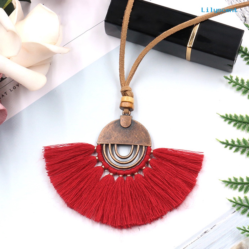 [LS] Bohemian Gaya Etnik Kalung Alloy Berbentuk Kipas Benang Katun Rumbai Wanita Necklace Perhiasan Aksesoris