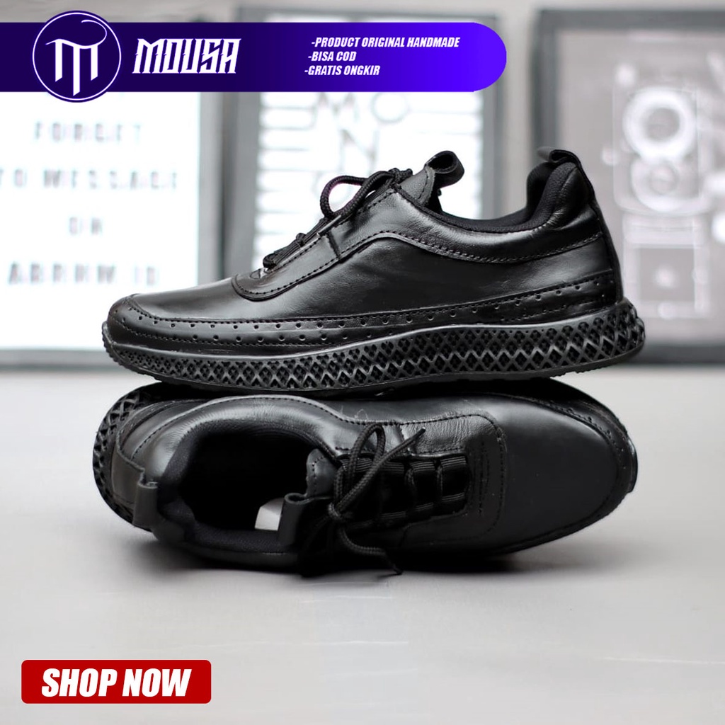 Sepatu Sneakers Pria Hitam Kulit Asli Kerja Kantor Nyaman Mousa Sabit