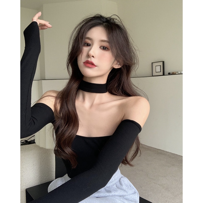 ❇☫Suhao Putih Satu Bahu Lengan Panjang T-shirt Wanita Musim Gugur Keinginan Murni Gadis Panas Menggantung Leher Seksi Ketat Tidak Teratur kemeja Top