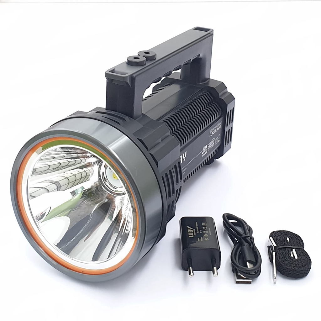 Luby Premium Quality Senter Led Jumbo 40w 60w 80w Cahaya PUTIH Rechargeable Led Flashlight