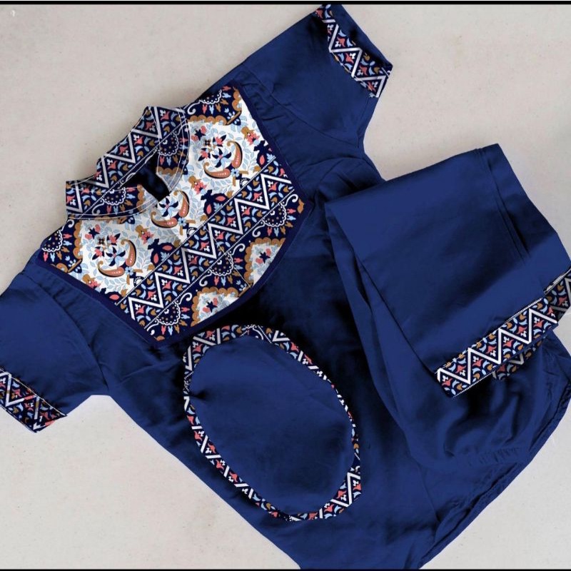 Promo setelan koko batik terbaru anak laki laki usia 1 sampai 10 tahun free peci/baju koko anak/koko anak/kurta anak/koko pakistan/gamis anak/jubah anak-Batik new navy
