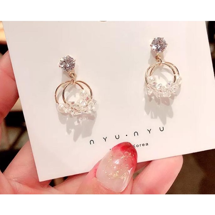 Anting perak jarum kristal mutiara model korea