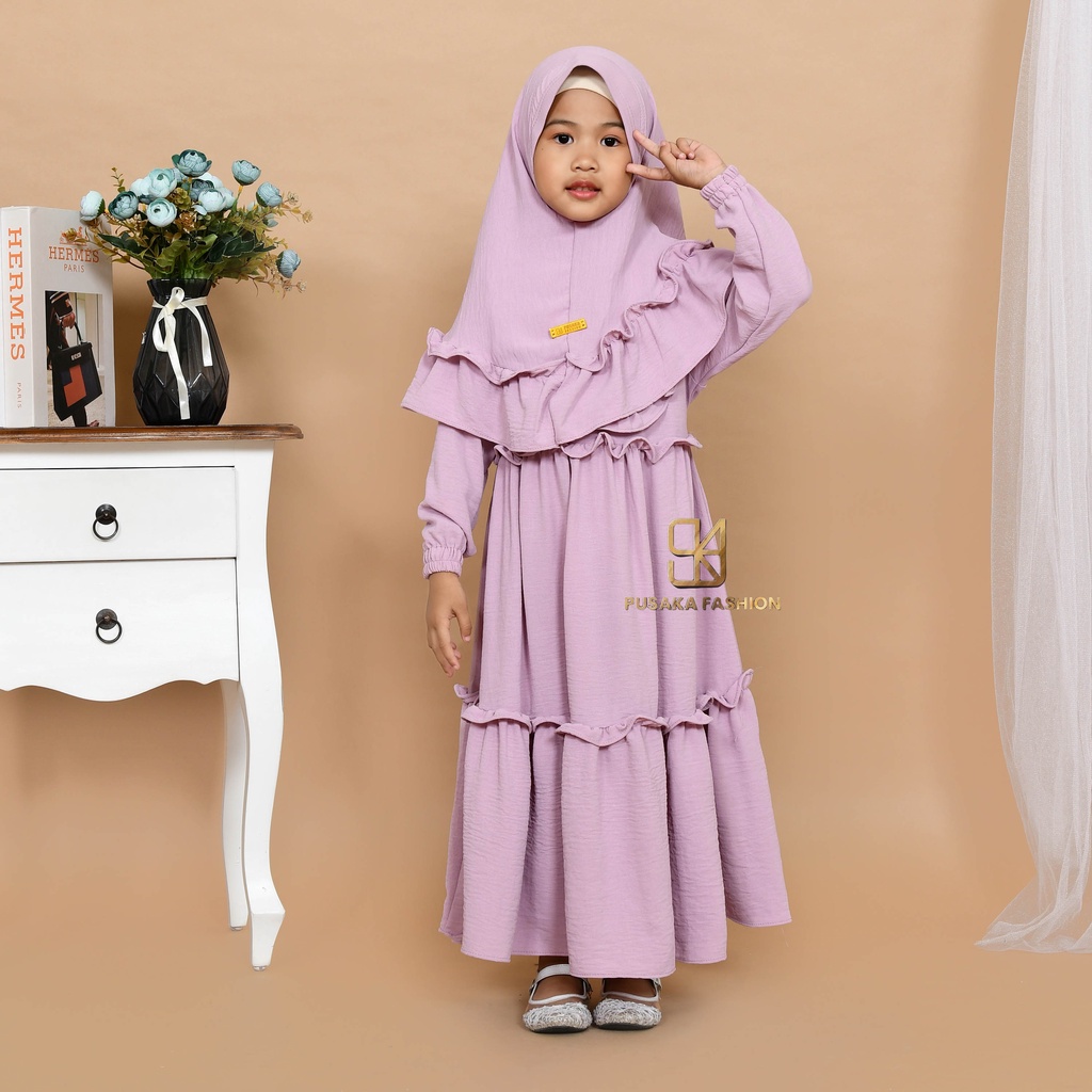 JIIRA baju gamis syari anak perempuan cringkle fashion muslim terbaru  FREE hijab khimar modern dres stelan kerudung serut susun 4 - 9 tahun manasik mengaji maulid nabi warna putih tulang hitam bata lilac lemon pink fuchia moca sagr green olive kekinian