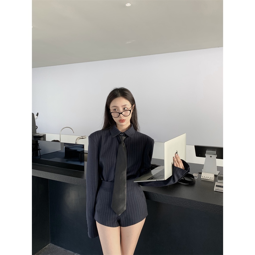 ◕☍Suhao Polo Bergaris Kerah Setelan Kemeja Pakaian Wanita Musim Gugur 2022 Baru All-Match Kemeja Longgar Rasa Desain niche Top
