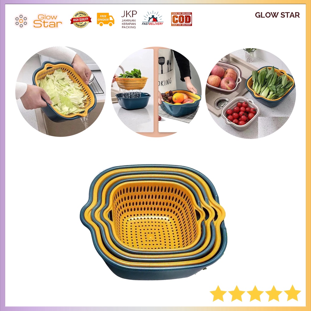 3 PCS Baskom Saringan serbaguna penyaring Cuci Buah Sayuran Drain Bucket Double Layer - DP151 - Blue Yellow saring dapur wadah Bahan Makanan penyimpanan