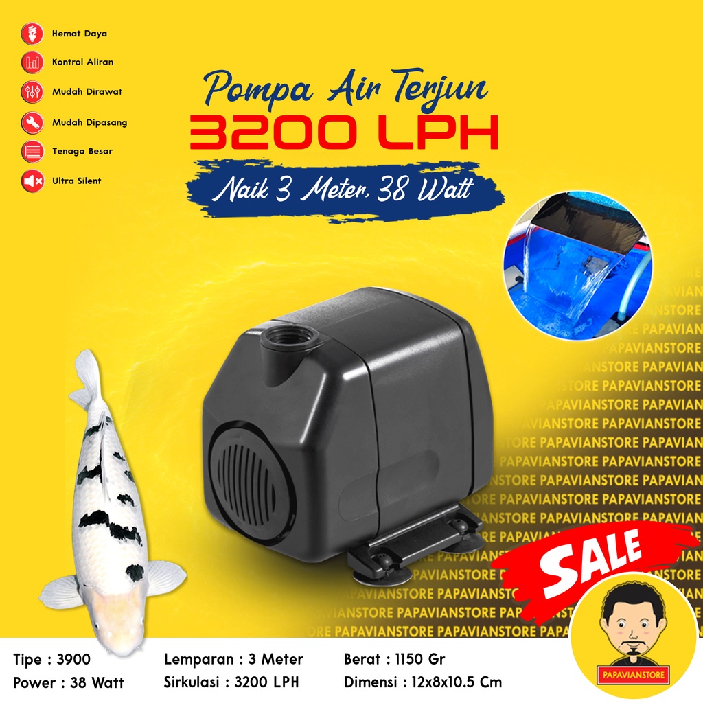 Pompa Mesin Air Filter Celup Air Terjun Mancur Kolam Aquarium Besar Ikan Hias Koi Akuarium Hidroponik Hemat Listrik Submersible Water Pump 105B 4000 LPH Liter Per 24 Jam Low 42 Watt Naik 3 Meter