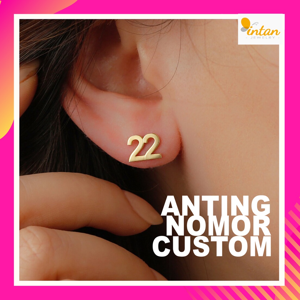 Anting ukir nomor nama huruf tusuk titanium lapis emas perak anak custom giwang subang kerabu jepit 