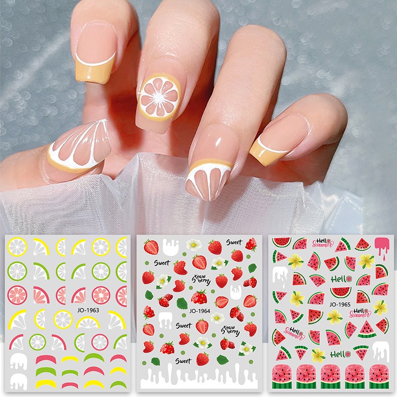 3D kuku applique, kecil strawberry orange kecil segar stiker kuku ramping Thin Nail Stickers