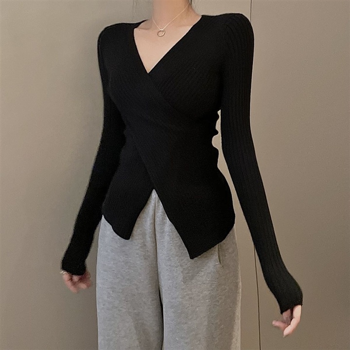 【Elegant】V-neck Cross Ribbed Knit  Solid Color Long Sleeve Top 2368