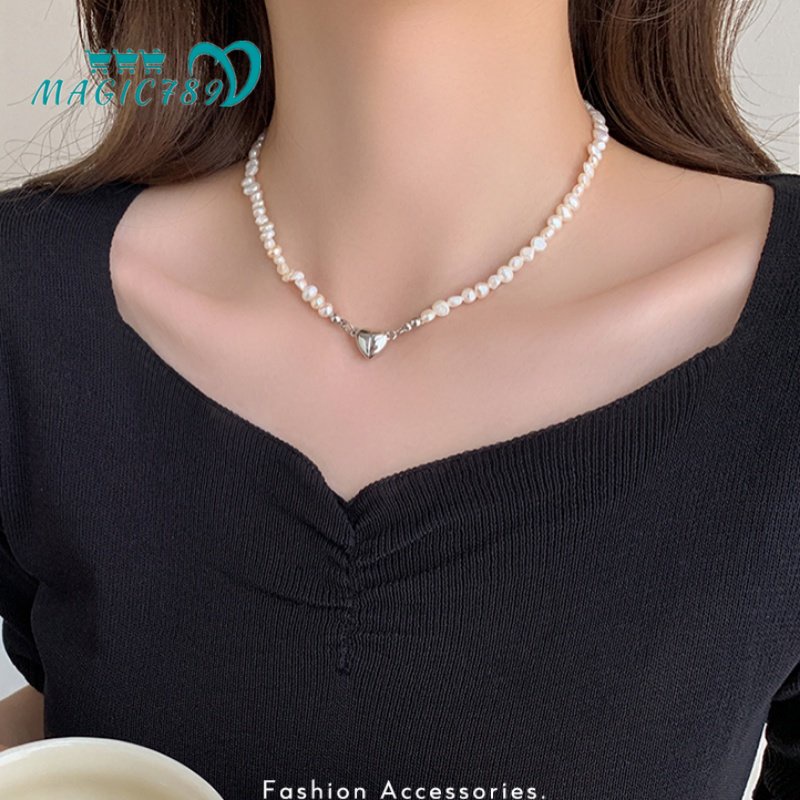 Papaozhu Baroque Mutiara Manik-Manik Perak Magnetik Jantung Pesona Choker Kalung Untuk Wanita Gadis Mewah Tulang Selangka Rantai Kalung Perhiasan Hadiah