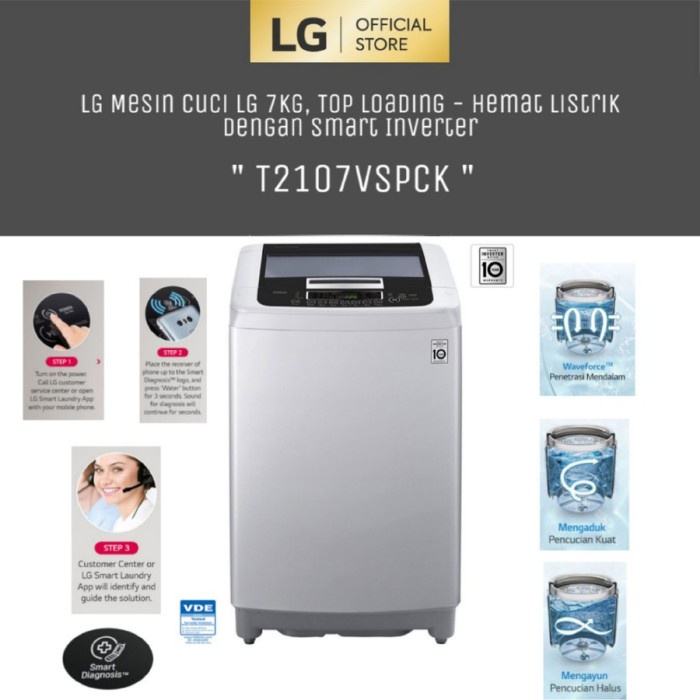 LG T2107VSPCK Mesin Cuci Top Loading 7KG -Hemat Listrik | T-210