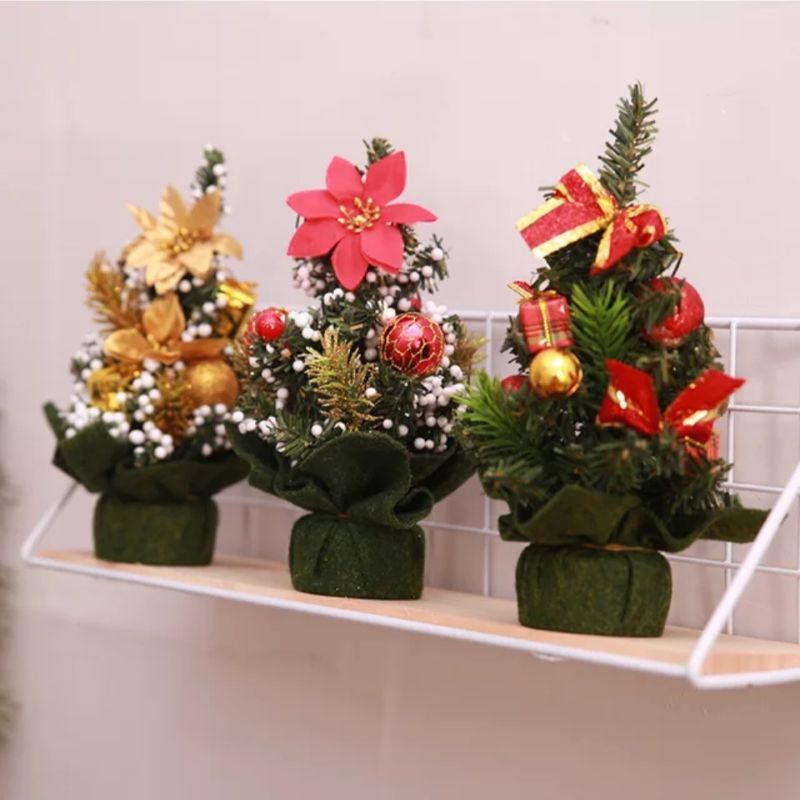 Pohon Natal Mini Meja 22 cm Hiasan Dekorasi Natal Bahan PVC Kain Warna Merah Silver Gold Hijau