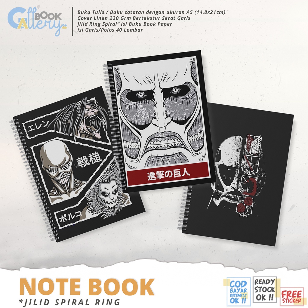 

[SP] Buku Tulis / Buku Catatan / Note book Anime Attack On Titan (Shingeki no Kyeojin), Titan Kolosal, Titan Printis, Titan JirahJilid Ring Spiral Dengan isi Book Paper Garis/Polos 50 Lembar Free Poster dan Stiker Ukuran A5