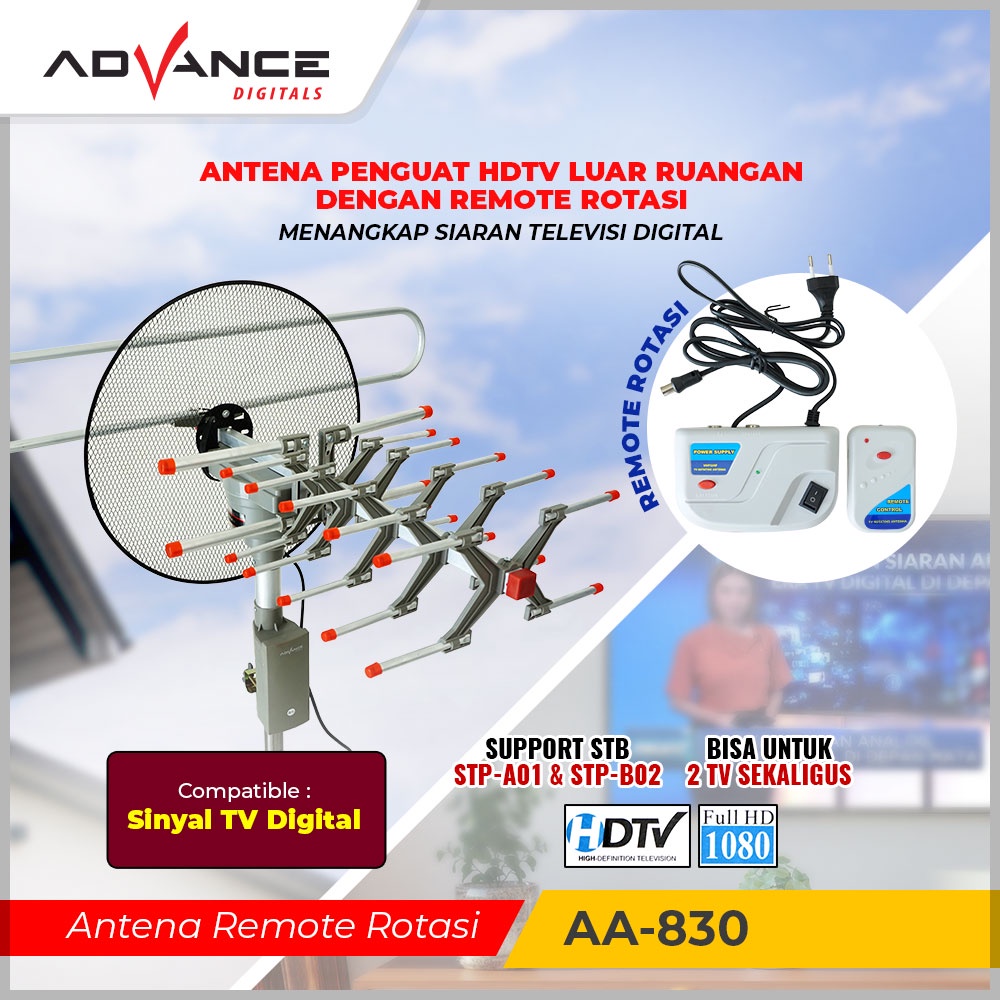 Antena TV Digital Advance AA-830 / Antena Remote Digital | Antena TV Remot Advance AA 830 Model Parabola Full HD rotasi 360° plus Booster , remot | Antena TV Outdoor Advance Antenna Remote AA-830 | FMS