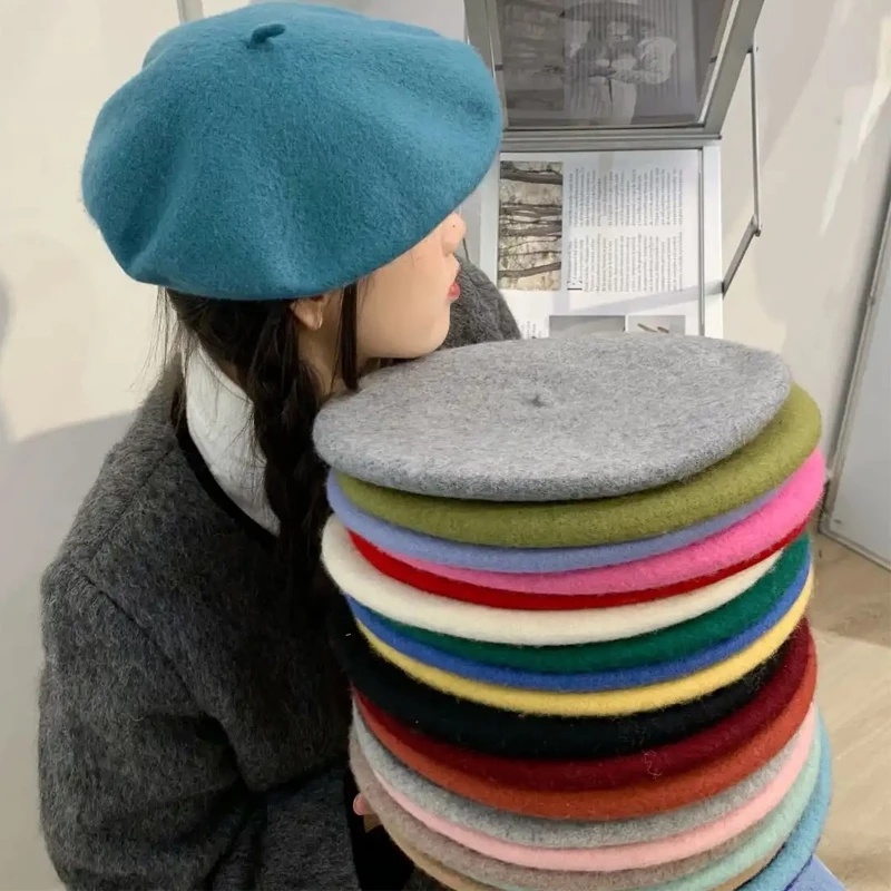 [Hot Sale] Korea Fashion Baret Wol Hangat/Retro Solid Colours Beret Hats/Topi Kupluk Musim Dingin Gaya Artis Perancis Untuk Wanita Perempuan