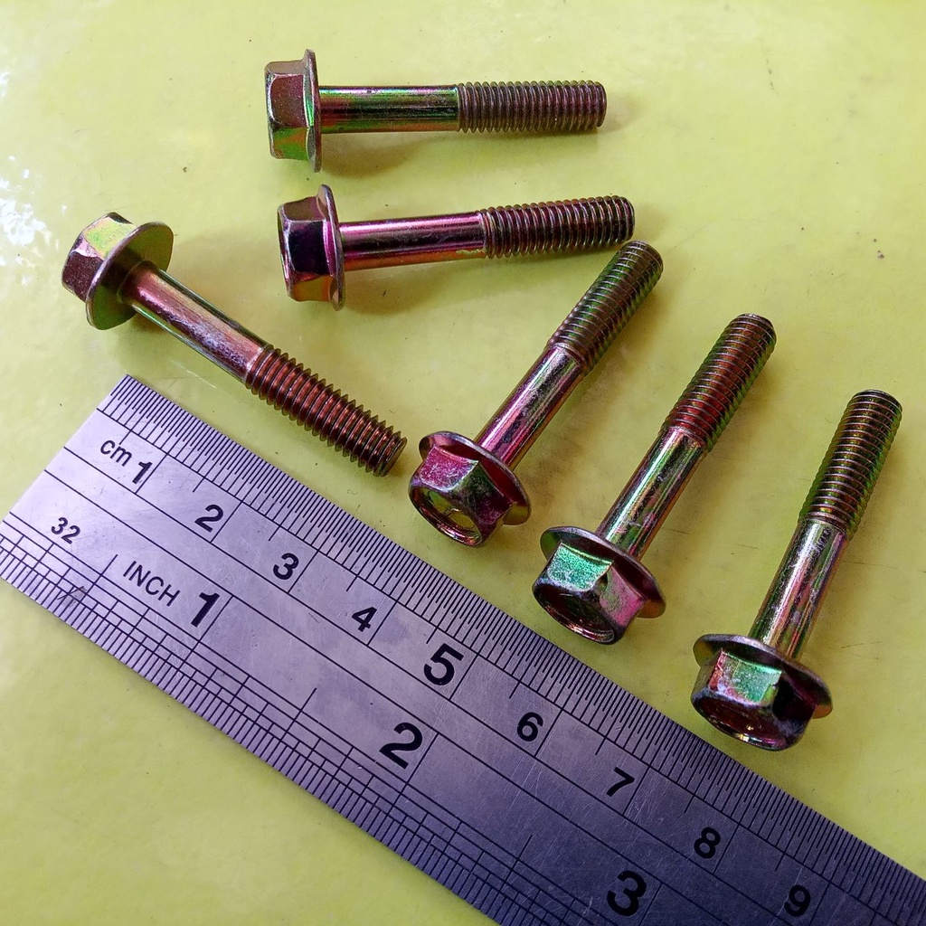 FLANGE BOLT KUNING M6 X 35 / BAUT 10 KUNCI 10 / BAUT TOPI M6 X 35 KUNING / FLANGE BOLT M6X35 KUNING 