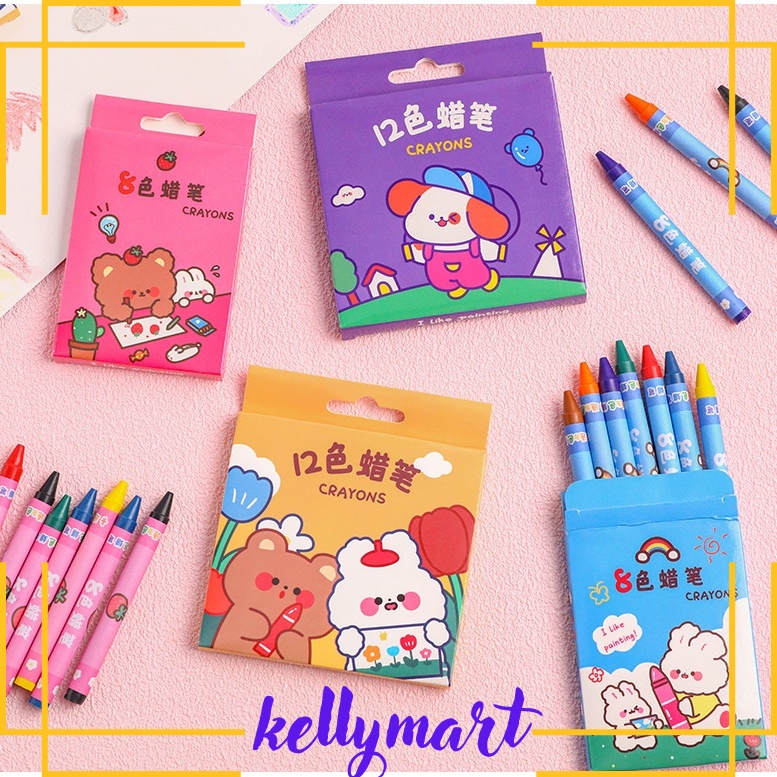 Crayon Krayon 12 Set Dan 8 Set Warna Mini Karakter Lucu Estetik Aesthetic / Crayon Painting Color Karakter / Crayon Mini Karakter