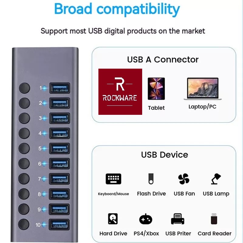 ROCKWARE WLX-985A - 10 Port USB 3.0 HUB - 5Gbps Hi-Speed Transmission