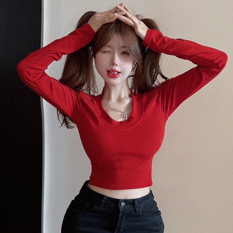¤Suhao Red Hot Gadis Lengan Panjang T-shirt Wanita Musim Gugur 2022 Baru Murni Keinginan Pakaian Dalam Seksi Slim Pendek top Kemeja