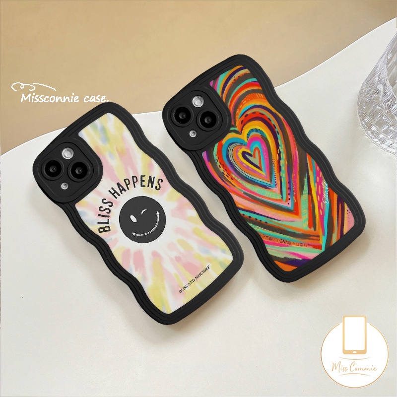 IPHONE Casing Ponsel Kompatibel Untuk Iphone6 6s 87plus11 12 13 14 Pro Max14 Plus XR X XS Max SE 2020 Ins Gradasi Warna-Warni Cinta Hati Pelangi Lucu Smiley Wavy Edge Soft TPU Cover