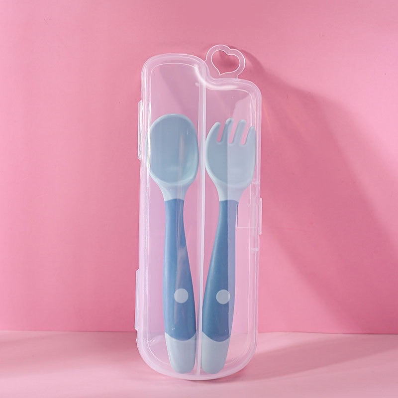 [CASE BOX SIMPAN] Leleoncare Sendok Garpu Makan MPASI Bayi Lentur Gigitan Bayi + BOX Traveling  Spoon Fork Baby with Box