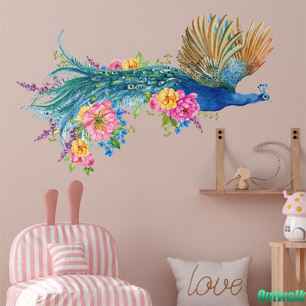 ღ 3D Terbang Warna-warni Bunga Peacock Wall Stiker Yang Dapat Dilepas Stiker Ruang Tamu Kamar Tidur Dekorasi Latar Belakang Mural Seni DecalsArt Yang Dapat Dilepas Stiker poster