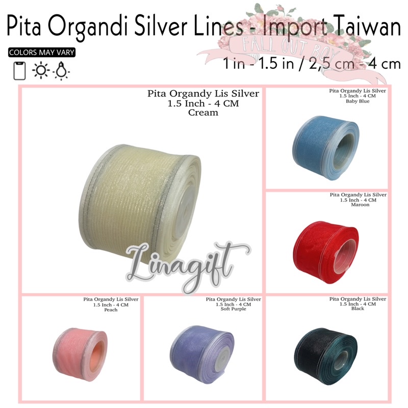 ( Rol 20 yard ) PITA ORGANDY LIS SILVER 1 IN ( 2.5 CM ) - GIFT RIBBON EXCLUSIVE 1 INCH 2.5 CM ( MADE IN TAIWAN ) PITA ORGANDI / ORGANZA / KADO / ELEGANT CLASSIC