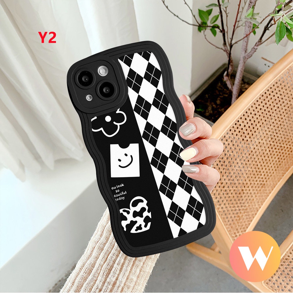 IPHONE Casing Tepi Bergelombang Diamond Grid Kompatibel Untuk Iphone11 13 12 14 Pro Max 7Plus X XR XS Max8 7 6s 6 14 Plus Se2020 Motif Kartun Lucu Monster Kisi Lembut Tpu Cover