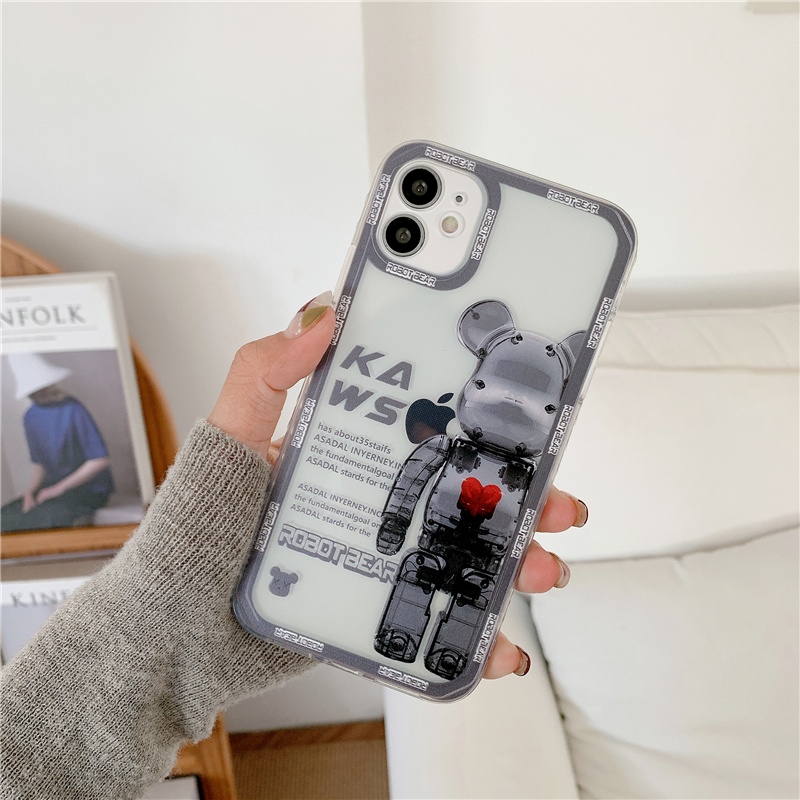 IPHONE Fashion Wave Violent Bear Transparan Phone Case Kompatibel Untuk Iphone13 12 11 Pro Max X Xs XR Frosted Edge Shock Resistant Lembut TPU Back Cover