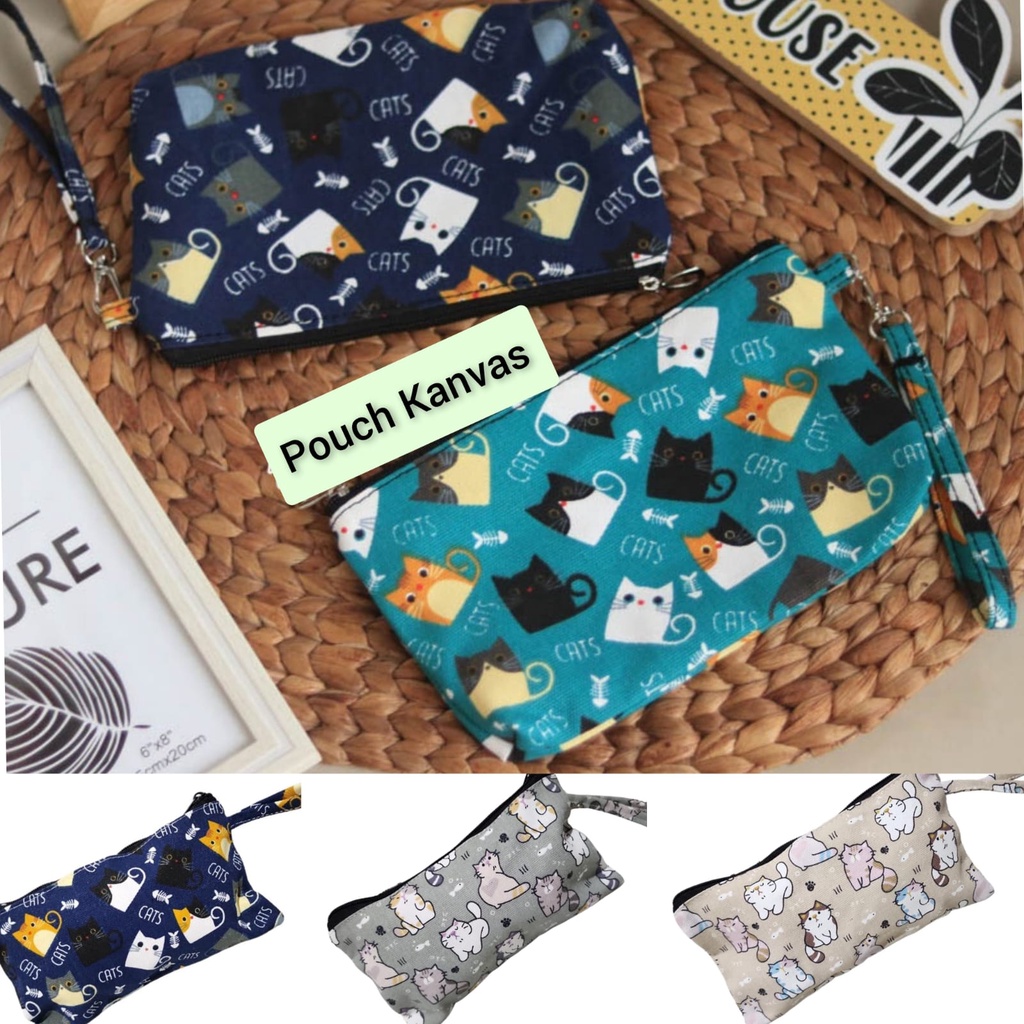 Handle Bag Pouch Mini Lucu Murah Dengan Resleting Tas Kecil Serbaguna Motif Bahan Kanvas Zipper Dengan Tali Tempat Pensil Motif Lucu Dompet Serbaguna Kanvas Tali