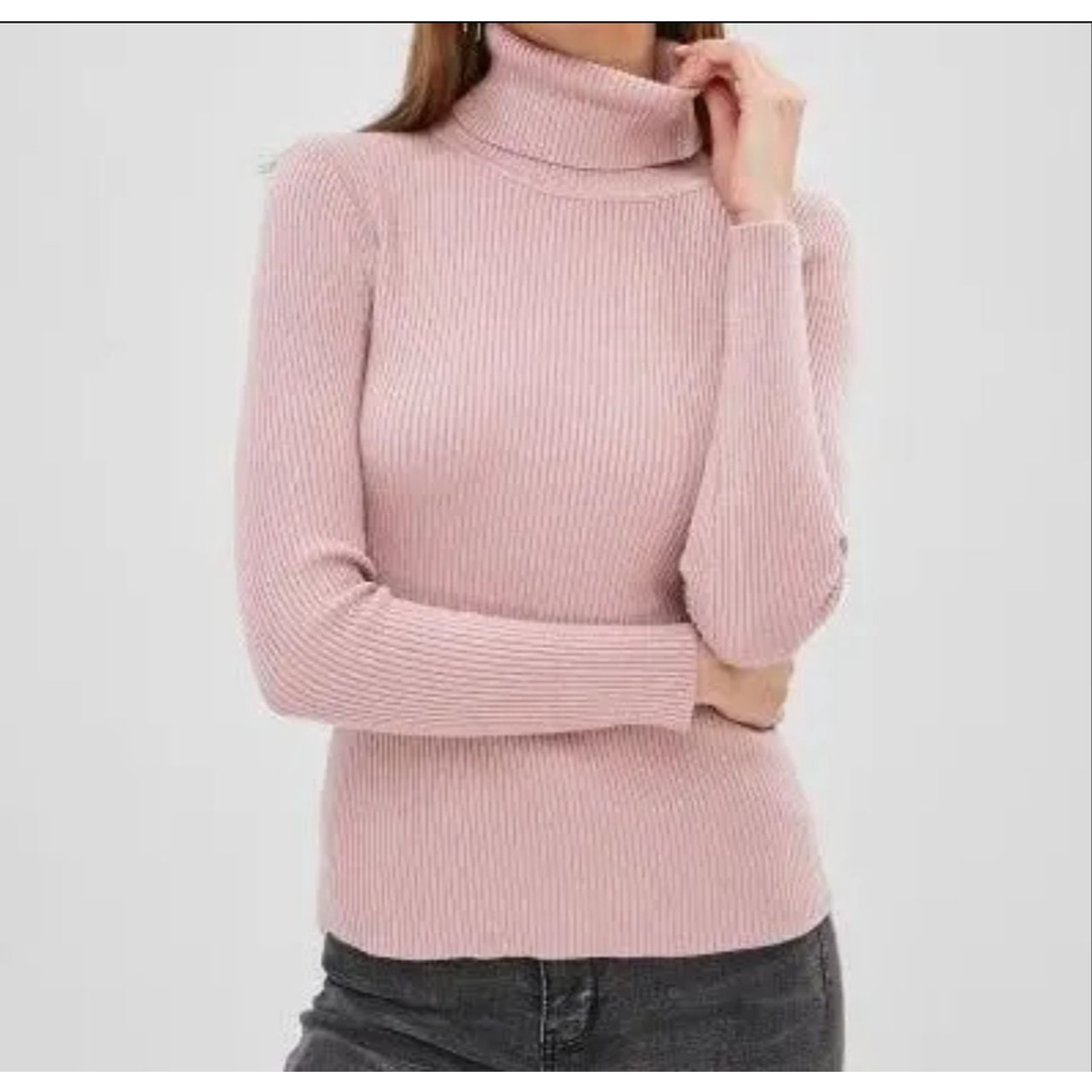 Belleza outlet baju rajut Cardigan rajut atasan wanita Lea turtleneck kerah Tinggi