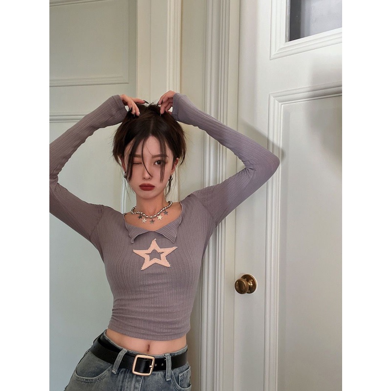 ⊕▪Suhao Inner Pendek Pullover Top Gaya Korea Chic Pola Bintang Musim Gugur Slim Lengan Panjang T-shirt Kemeja Wanita Retro