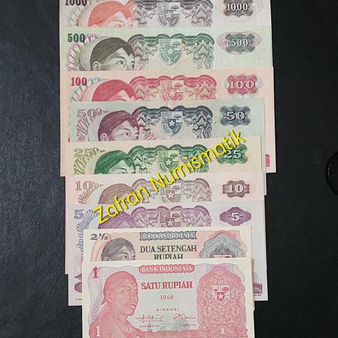 Set 9 Lembar Uang Kuno Rp 1 Sampai Rp 1000 Sudirman Tahun 1968