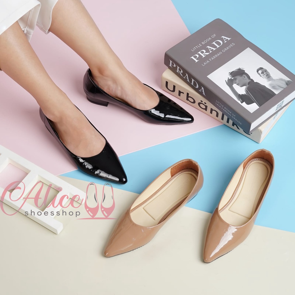 Alice - High Heels Pantofel Glossy Polos 3cm hitam mocca