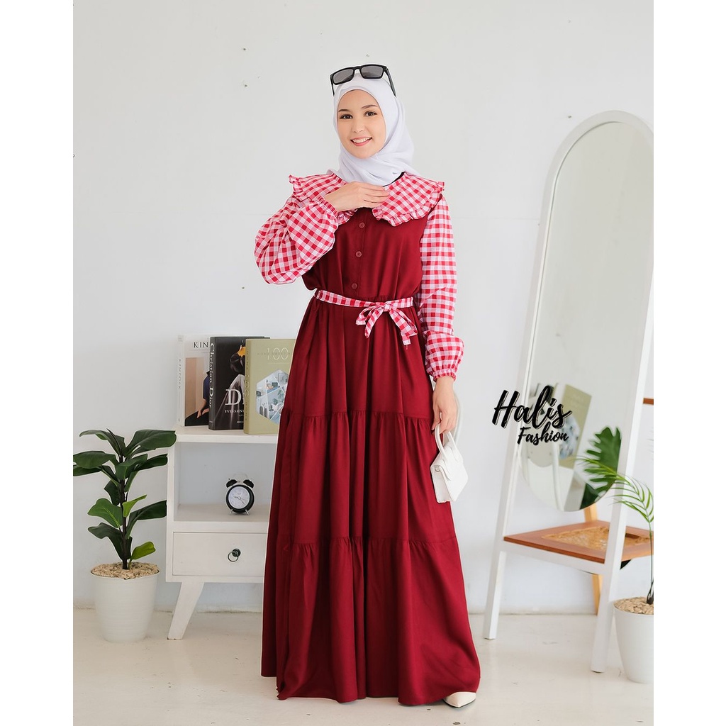 Dress Kotak/ 100% Original Halis Fashion/ Gamis Motif Kombinasi