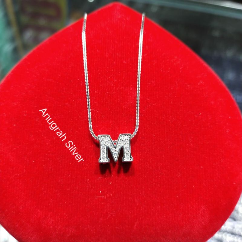 Kalung wanita italy Santa+liontin tusuk huruf (M) 45cm remaja &amp; dewasa perak asli 925 mata diamond putih kilau/Silver lapisan emas putih murni!!!