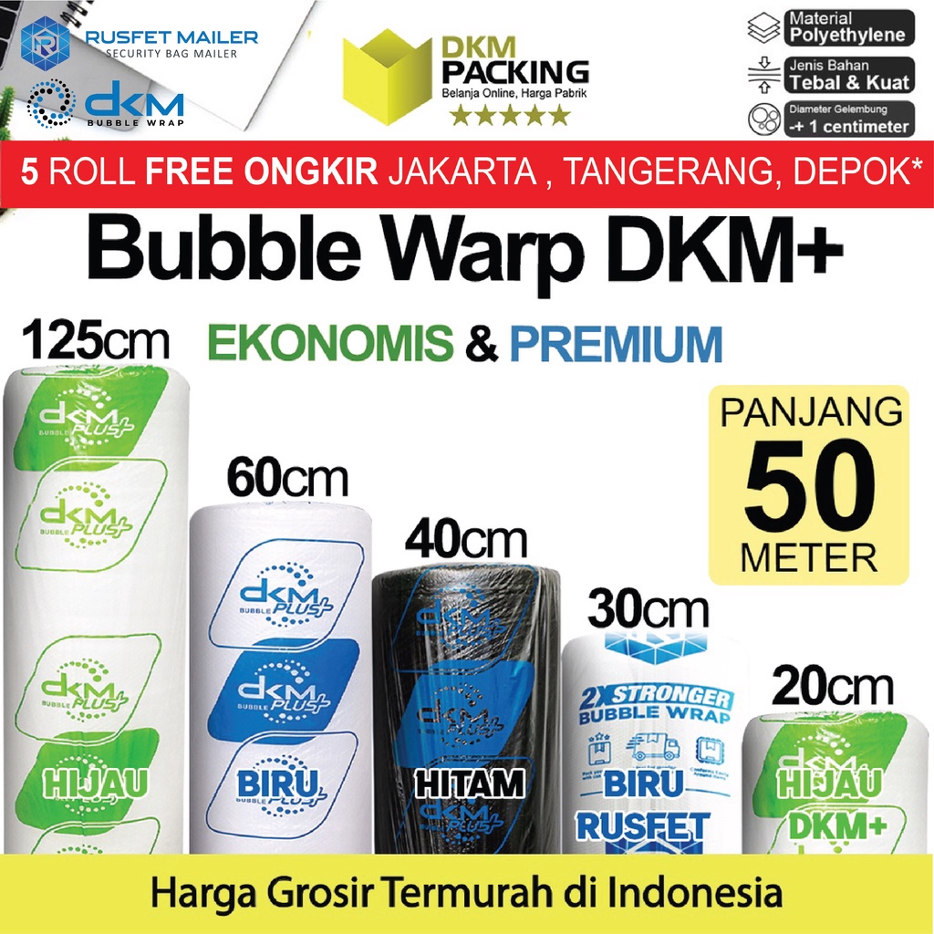 

Plastik Bubble Wrap 50Meter Bubblewrap DKM PLUS BERWARNA PREMIUM EKONOMIS TERMURAH ROLL