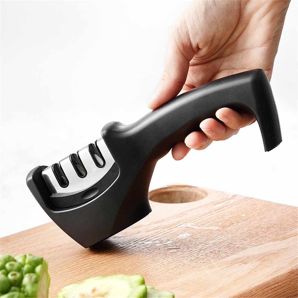 ღ 4 Segmen Pengasah Pisau Genggam Tiga Tujuan Hitam Batu Asah Cepat Mengasah Alat dengan-Slip Base Pisau Dapur Aksesoris