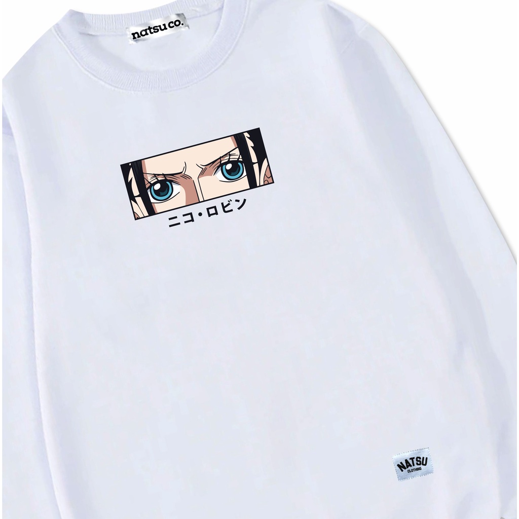 natsu.co Sweater Crewneck Pria Wanita Anime One Piece JPN Nico Robin White Putih