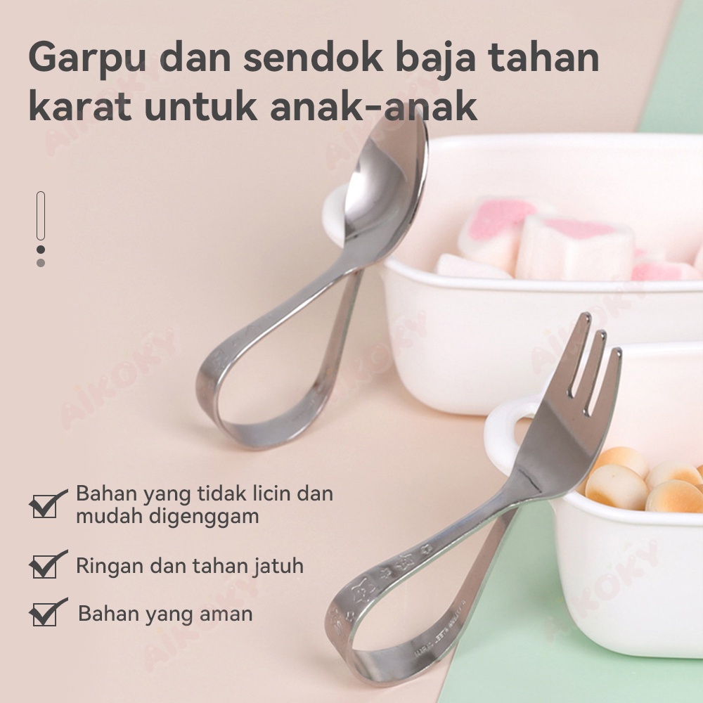 AIKOKY Sendok Makan Anak Training Spoon Stainless Sendok Garpu Anak Set