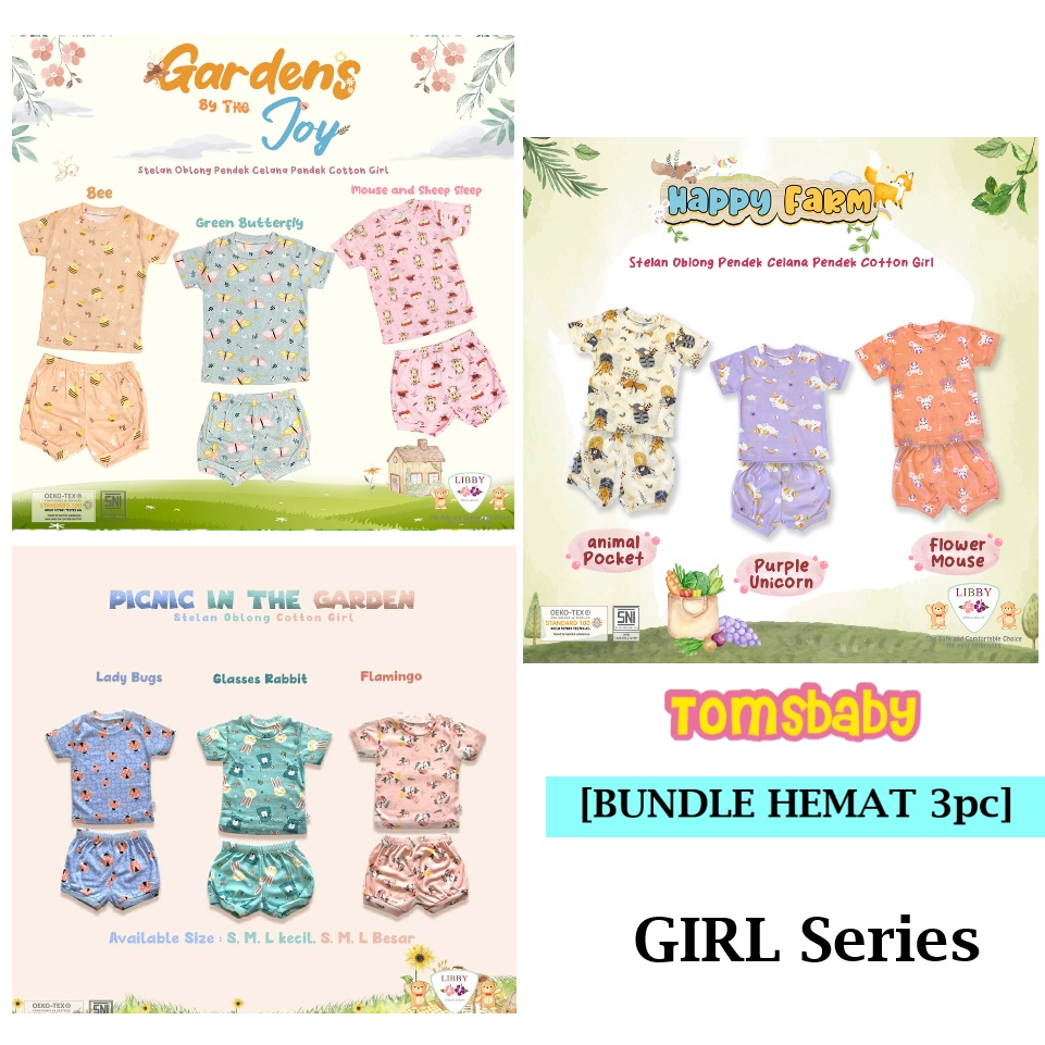 [BUNDLE HEMAT 3stel GIRL ] LIBBY (3stel) Stelan Atasan PENDEK + Celana PENDEK Oblong Cotton Tipis Motif Print GIRL (0-19kg)