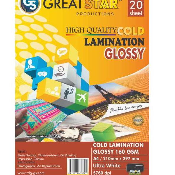 Segera Cek LAMINASI DINGIN GLOSY 160 GSM A4/20 Lembar GREAT STAR