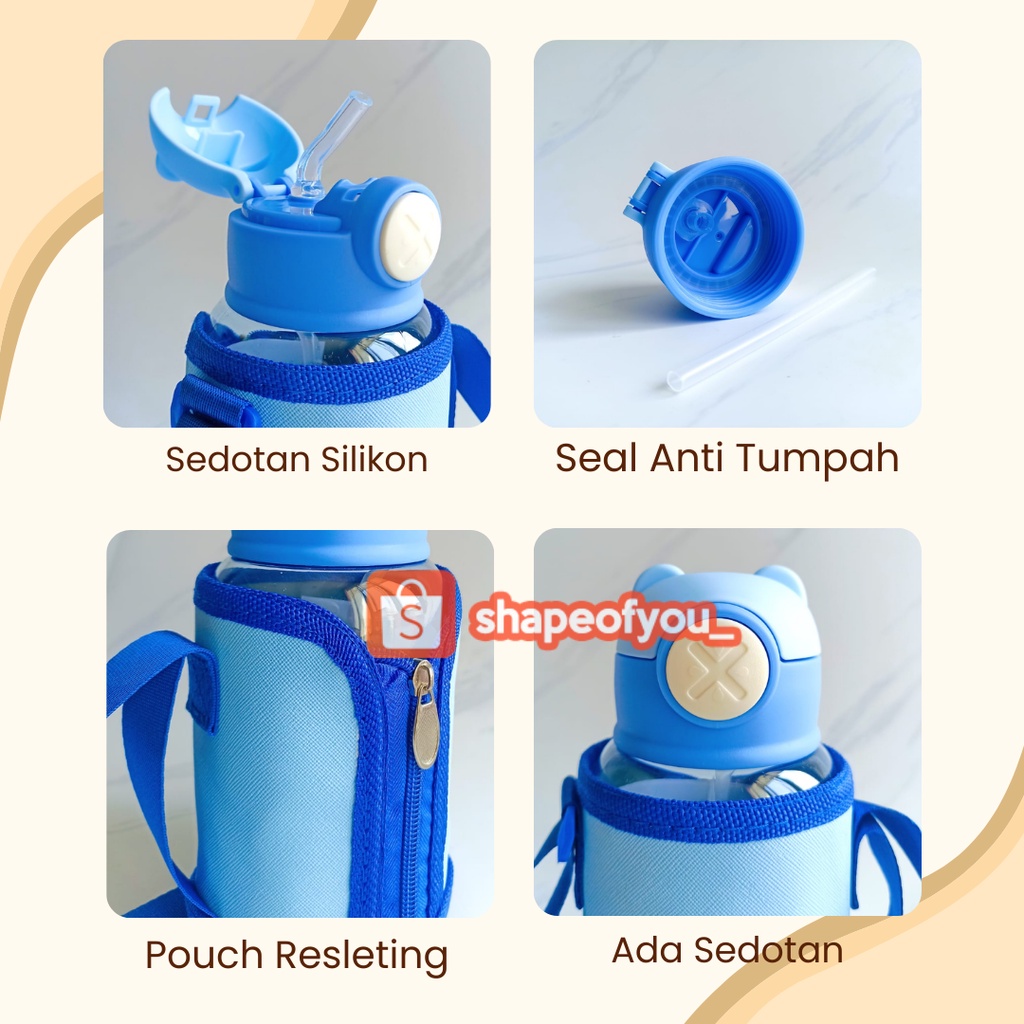 Botol Minum Anak Pouch Botol Anak Sedotan Tali Panjang 600ml Premium Bear Bottle Pink Biru