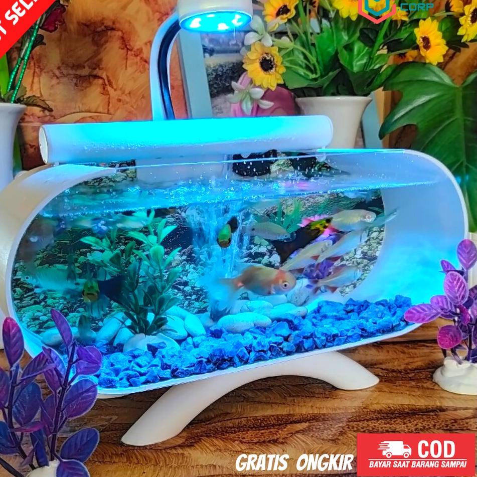 Baru  1 SET AQUARIUM AKRILIK CUPANG MINI PLUS MESIN AERATOR AIR MANCUR DAN LAMPU LED AQUARIUM BB002